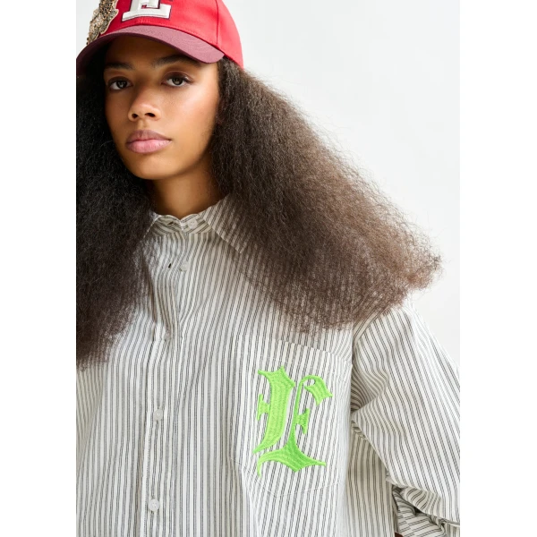 white and green striped cotton shirt with 'e' embroidery - Essentiel Antwerp Shirts - Colorful Belgian Design - Shop at Luxury Shoes 