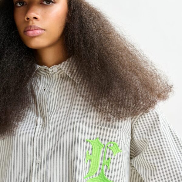 Essentiel Antwerp Grey, white and green striped cotton shirt with ‘e’ embroidery, view 4