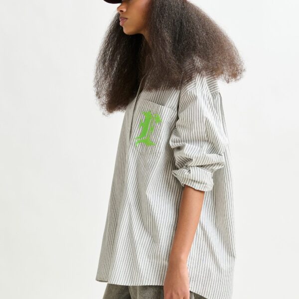 Essentiel Antwerp Grey, white and green striped cotton shirt with ‘e’ embroidery, view 5