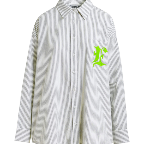 Essentiel Antwerp Grey, white and green striped cotton shirt with ‘e’ embroidery