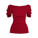 Safiyaa Ivana Top & Bertha Belt in Azalea Red with Multi-reds - Safiyaa Tops - Heavy Crepe Cape Gown - Shop at Luxury Shoes 