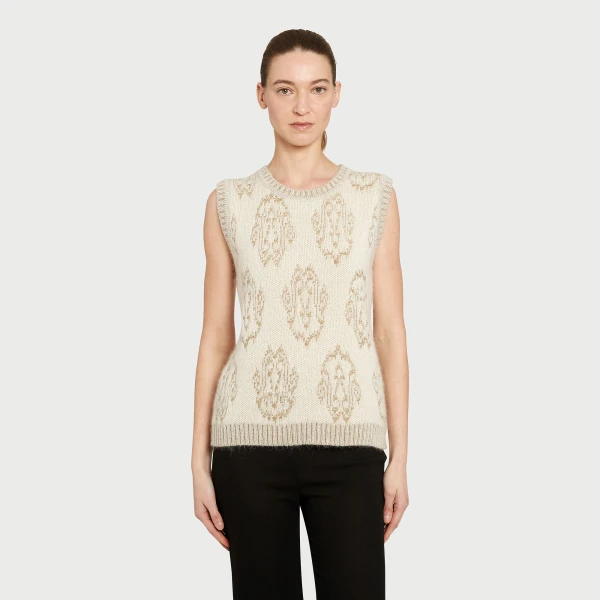 Giambattista Valli Ivory And Gold Ikat Wool Top - Giambattista Valli Tops - Romantic Couture - Shop at Luxury Shoes 