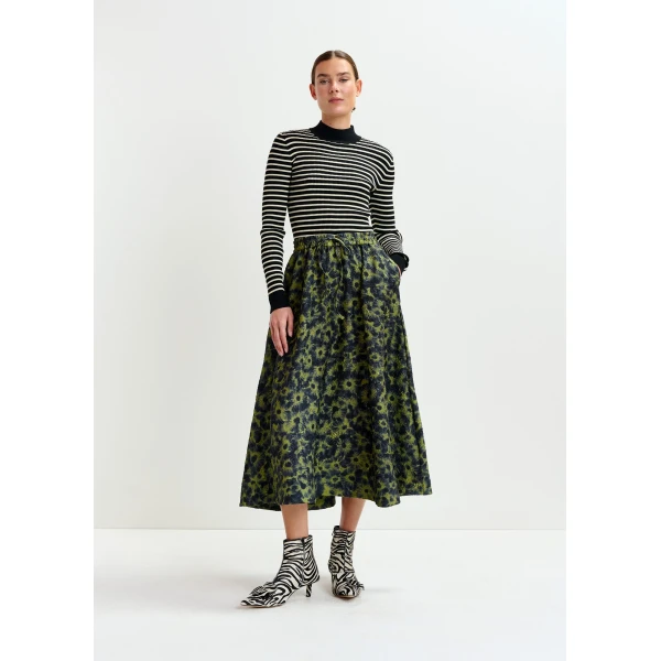 Essentiel Antwerp Khaki and dark blue floral-jacquard midi skirt - Essentiel Antwerp Skirts - Colorful Belgian Design - Shop at Luxury Shoes 