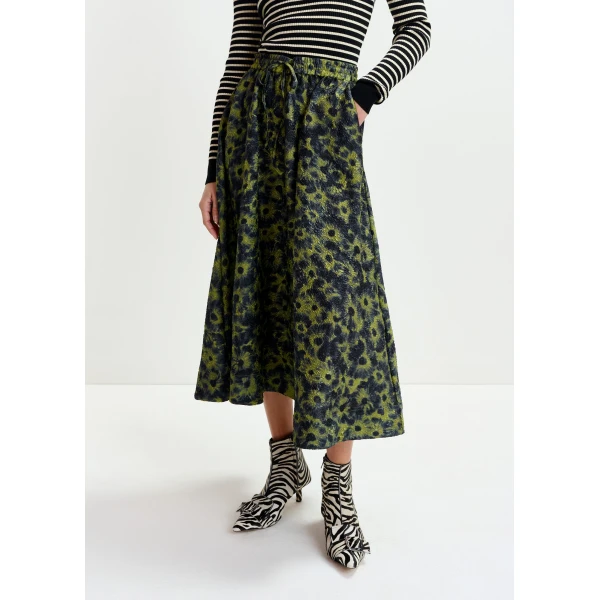 Essentiel Antwerp Khaki and dark blue floral-jacquard midi skirt - Essentiel Antwerp Skirts - Colorful Belgian Design - Shop at Luxury Shoes 