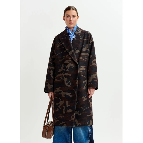 beige and black camouflage print double-breasted wool-blend coat - Essentiel Antwerp Coats - Colorful Belgian Design - Shop at Luxury Shoes 