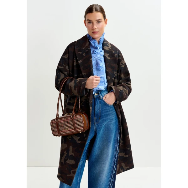 beige and black camouflage print double-breasted wool-blend coat - Essentiel Antwerp Coats - Colorful Belgian Design - Shop at Luxury Shoes 