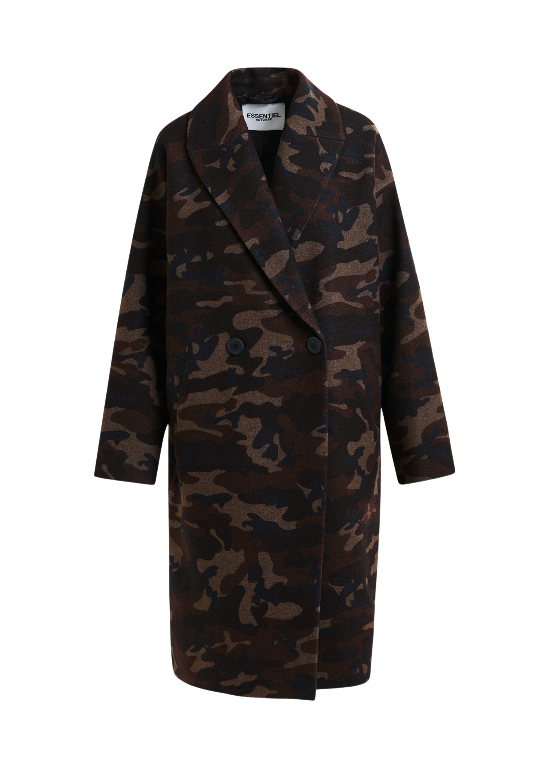 Essentiel Antwerp Khaki, beige and black camouflage print double-breasted wool-blend coat
