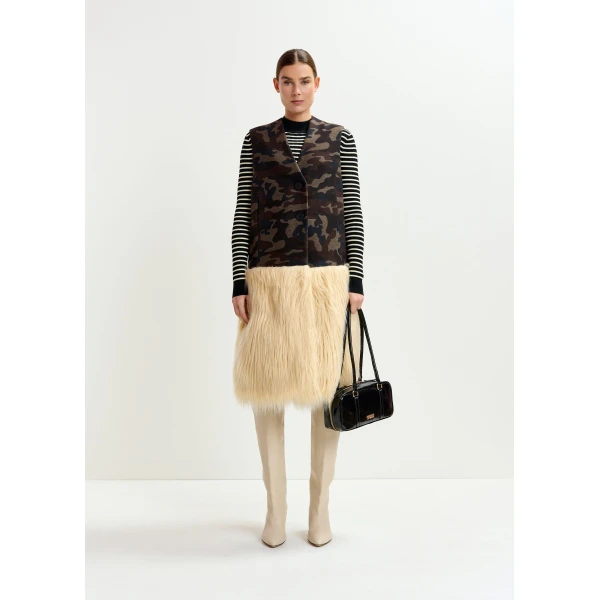 beige and black camouflage wool-blend sleeveless jacket with off-white faux fur - Essentiel Antwerp Jackets - Colorful Belgian Design - Shop at Luxury Shoes 