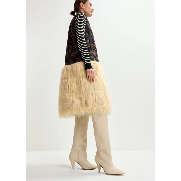 beige and black camouflage wool-blend sleeveless jacket with off-white faux fur - Essentiel Antwerp Jackets - Colorful Belgian Design - Shop at Luxury Shoes 