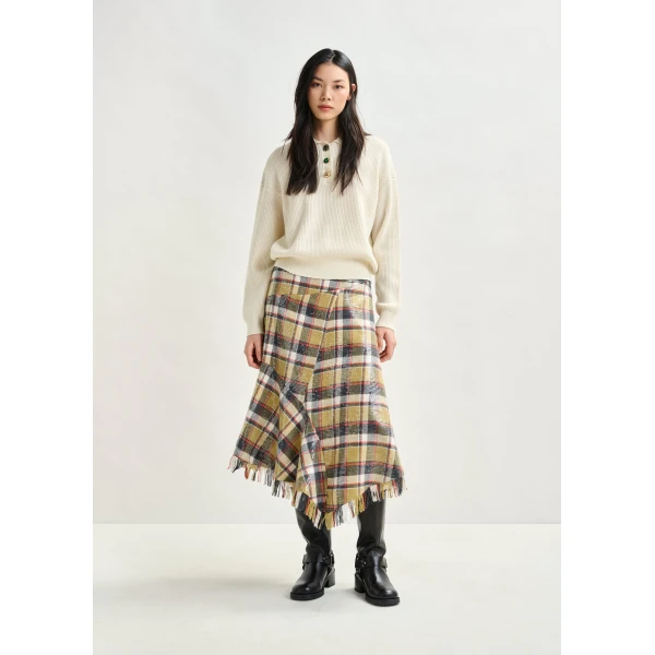dark blue and red check print midi skirt with fringed hemline and sequin embellishments - Essentiel Antwerp Skirts - Colorful Belgian Design - Shop at Luxury Shoes 