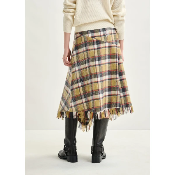 dark blue and red check print midi skirt with fringed hemline and sequin embellishments - Essentiel Antwerp Skirts - Colorful Belgian Design - Shop at Luxury Shoes 