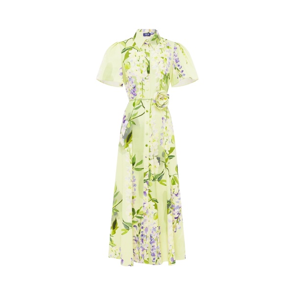 Leo Lin Green Dresses A cascading lilac dream! These beautiful lilac wisteria blooms tumble down a soft lime canvas. This print evokes pure fresh air