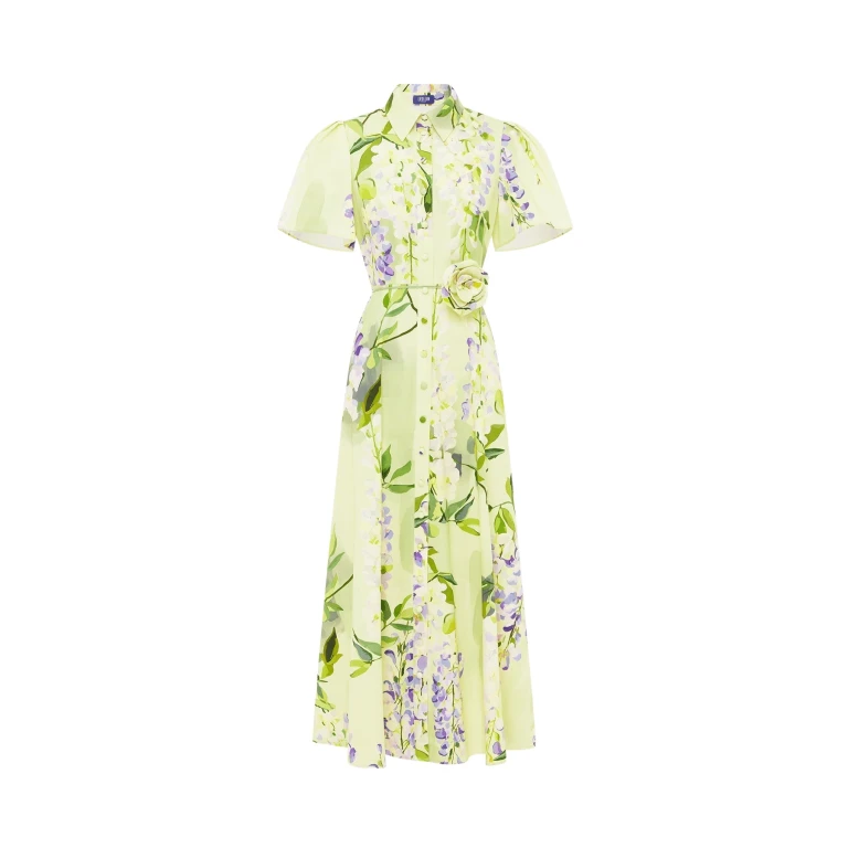 Leo Lin Green Dresses A cascading lilac dream! These beautiful lilac wisteria blooms tumble down a soft lime canvas. This print evokes pure fresh air