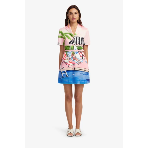 hand-sketched resort scene is a dreamy European holiday in fabric form. Complete with poolside glamour and playful accents