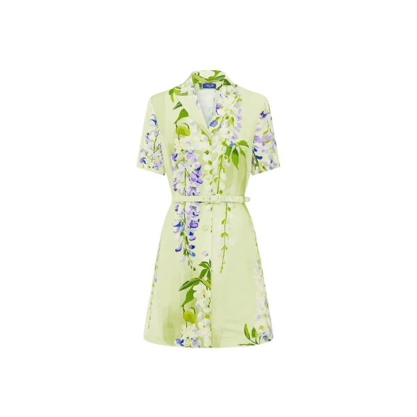 Leo Lin Green Dresses A cascading lilac dream! These beautiful lilac wisteria blooms tumble down a soft lime canvas. This print evokes pure fresh air