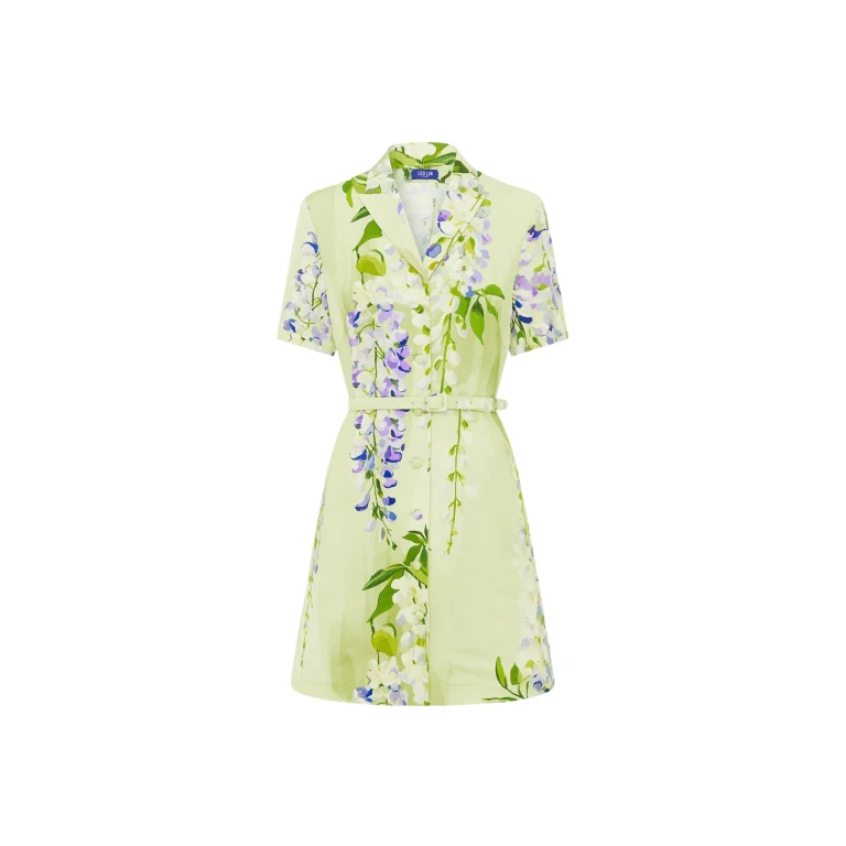 Leo Lin Green Dresses A cascading lilac dream! These beautiful lilac wisteria blooms tumble down a soft lime canvas. This print evokes pure fresh air