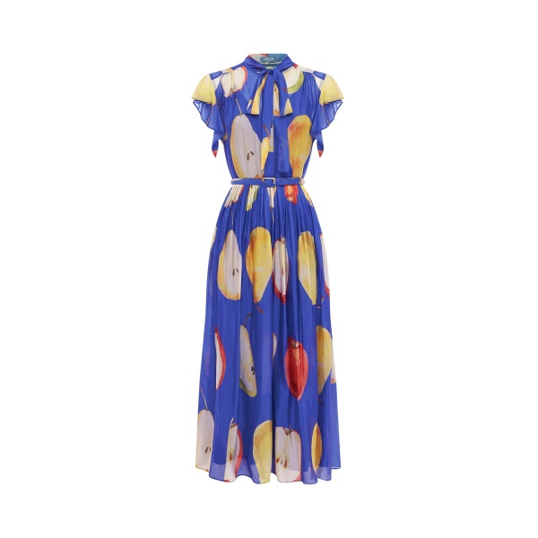 Leo Lin Blue Dresses An ode to the orchard. Lush pears are playfully scattered across a striking cobalt base