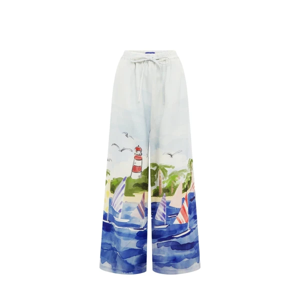 Leo Lin Blue Pants Sailing ships scatter across a soft canvas