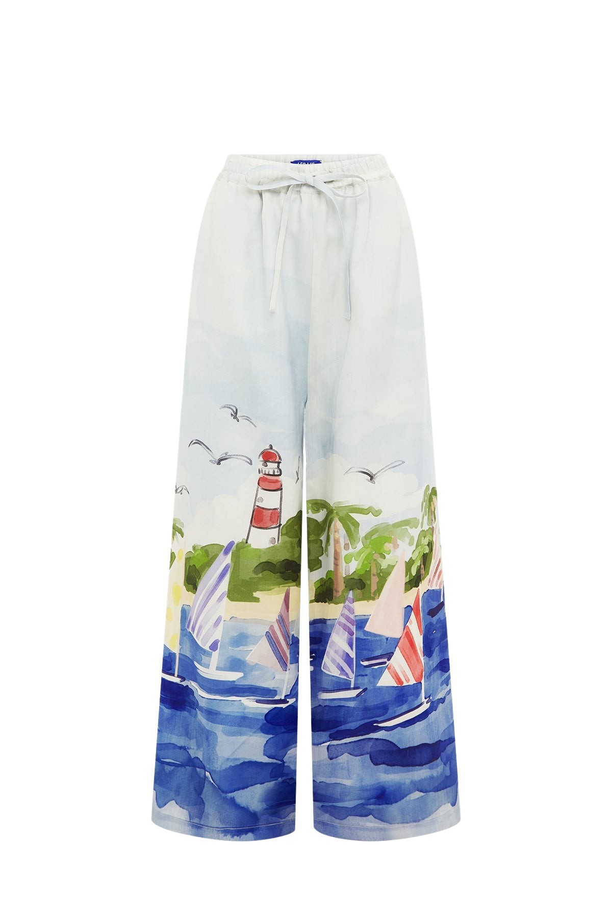 Leo Lin Blue Pants Sailing ships scatter across a soft canvas