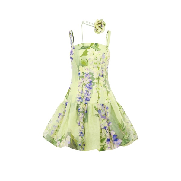 Leo Lin Green Dresses A cascading lilac dream! These beautiful lilac wisteria blooms tumble down a soft lime canvas. This print evokes pure fresh air