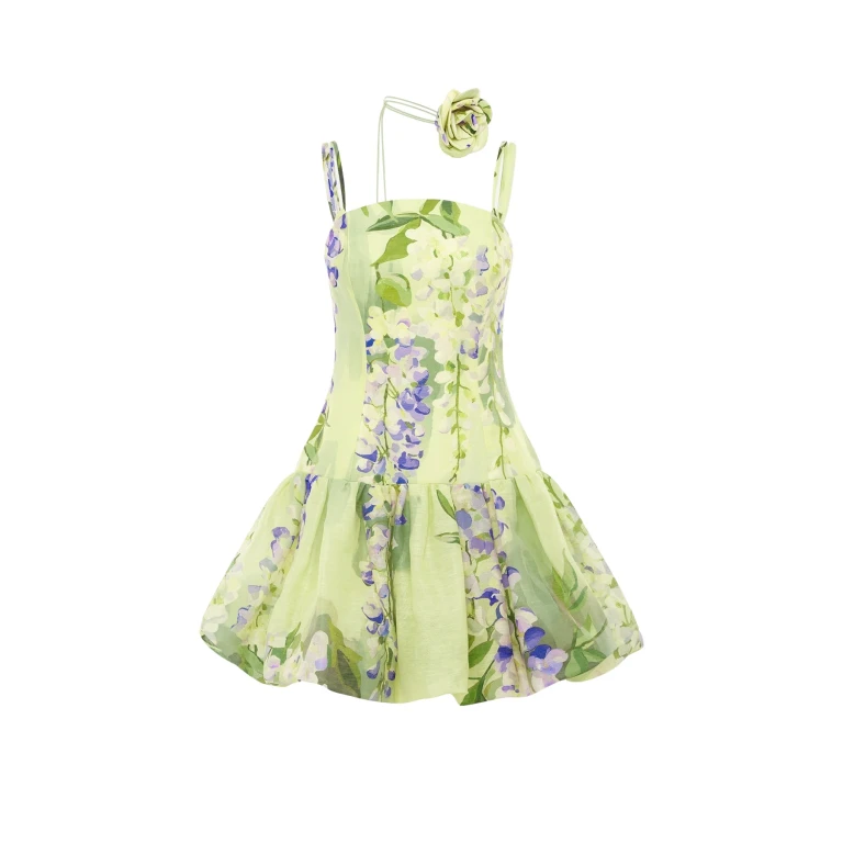 Leo Lin Green Dresses A cascading lilac dream! These beautiful lilac wisteria blooms tumble down a soft lime canvas. This print evokes pure fresh air