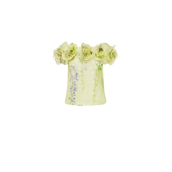 Leo Lin Green Tops A cascading lilac dream! These beautiful lilac wisteria blooms tumble down a soft lime canvas. This print evokes pure fresh air