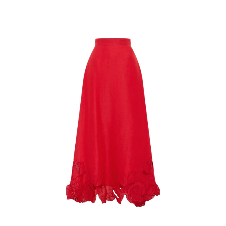 Leo Lin Red Skirts Premium linen-blend appliqué maxi skirt