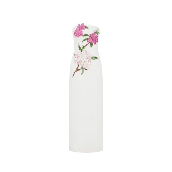 Leo Lin White Dresses Blossoms and pears tangled together on a soft canvas. Fresh