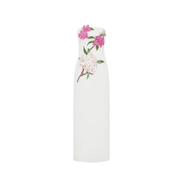 Leo Lin White Dresses Blossoms and pears tangled together on a soft canvas. Fresh