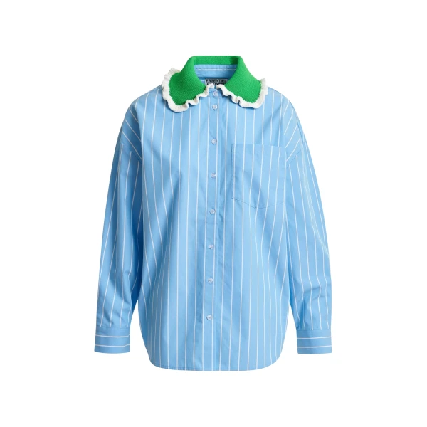 Essentiel Antwerp Light blue and off-white striped cotton shirt with green crochet ruffled collar - Essentiel Antwerp Shirts - Colorful Belgian Design - Shop at Luxury Shoes 