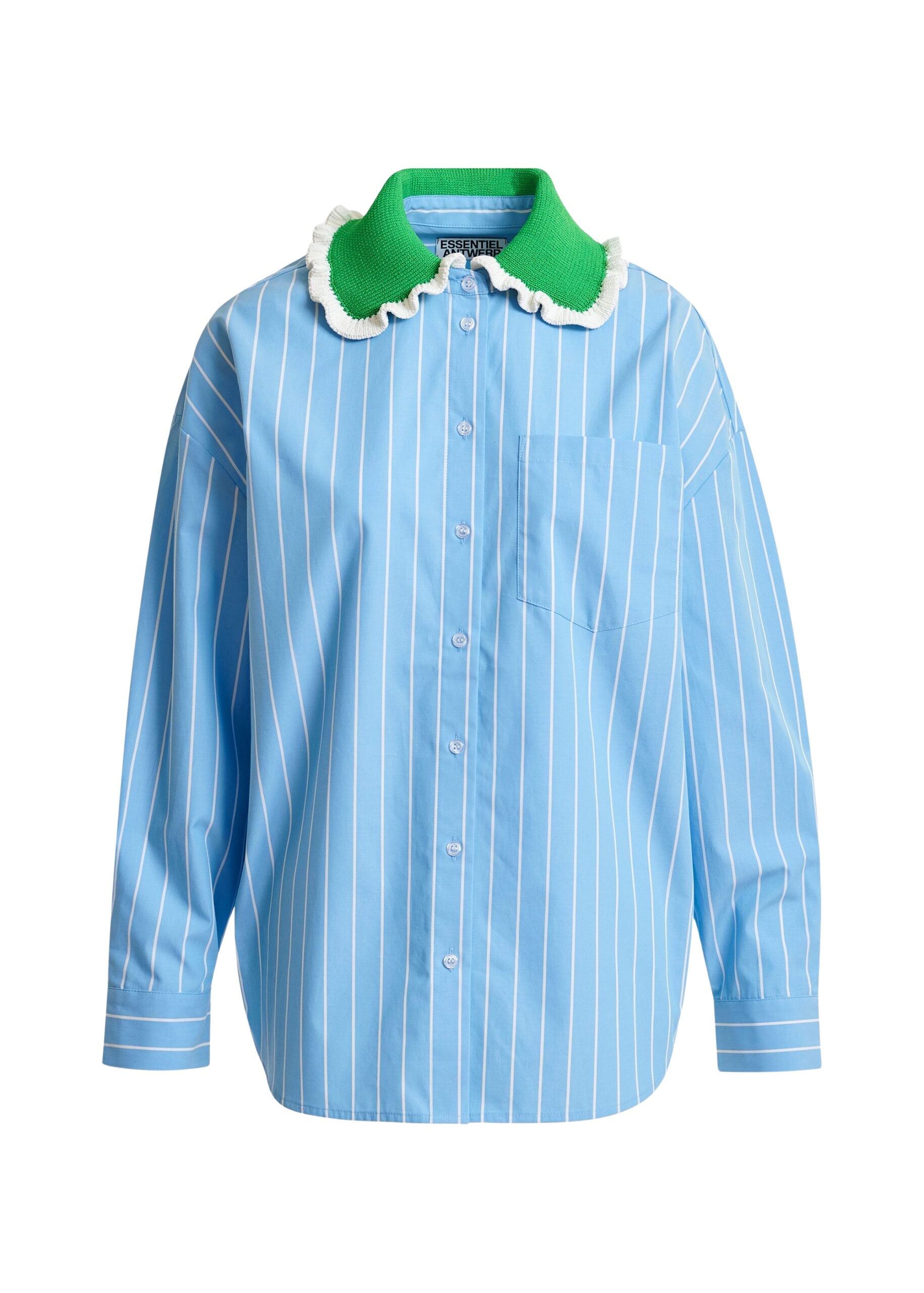 Essentiel Antwerp Light blue and off-white striped cotton shirt with green crochet ruffled collar