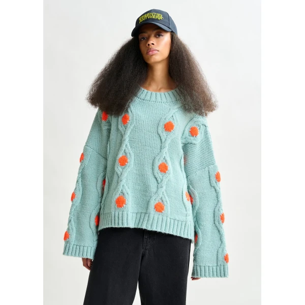 Essentiel Antwerp Light blue and orange polka-dot cable-knit sweater - Essentiel Antwerp Knitwear - Colorful Belgian Design - Shop at Luxury Shoes 