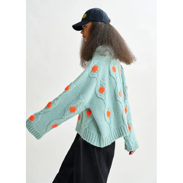 Essentiel Antwerp Light blue and orange polka-dot cable-knit sweater - Essentiel Antwerp Knitwear - Colorful Belgian Design - Shop at Luxury Shoes 