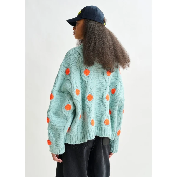 Essentiel Antwerp Light blue and orange polka-dot cable-knit sweater - Essentiel Antwerp Knitwear - Colorful Belgian Design - Shop at Luxury Shoes 