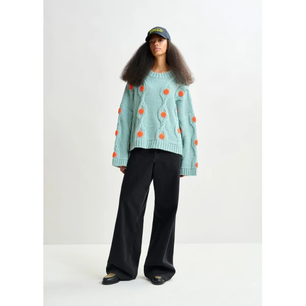 Essentiel Antwerp Light blue and orange polka-dot cable-knit sweater - Essentiel Antwerp Knitwear - Colorful Belgian Design - Shop at Luxury Shoes 