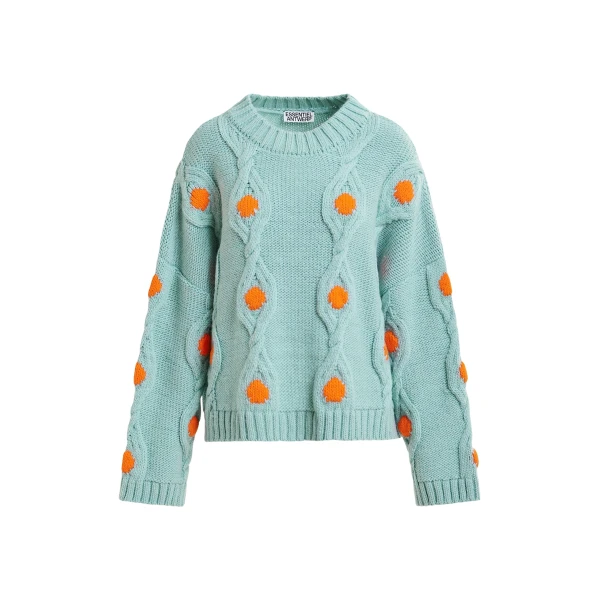 Essentiel Antwerp Light blue and orange polka-dot cable-knit sweater - Essentiel Antwerp Knitwear - Colorful Belgian Design - Shop at Luxury Shoes 