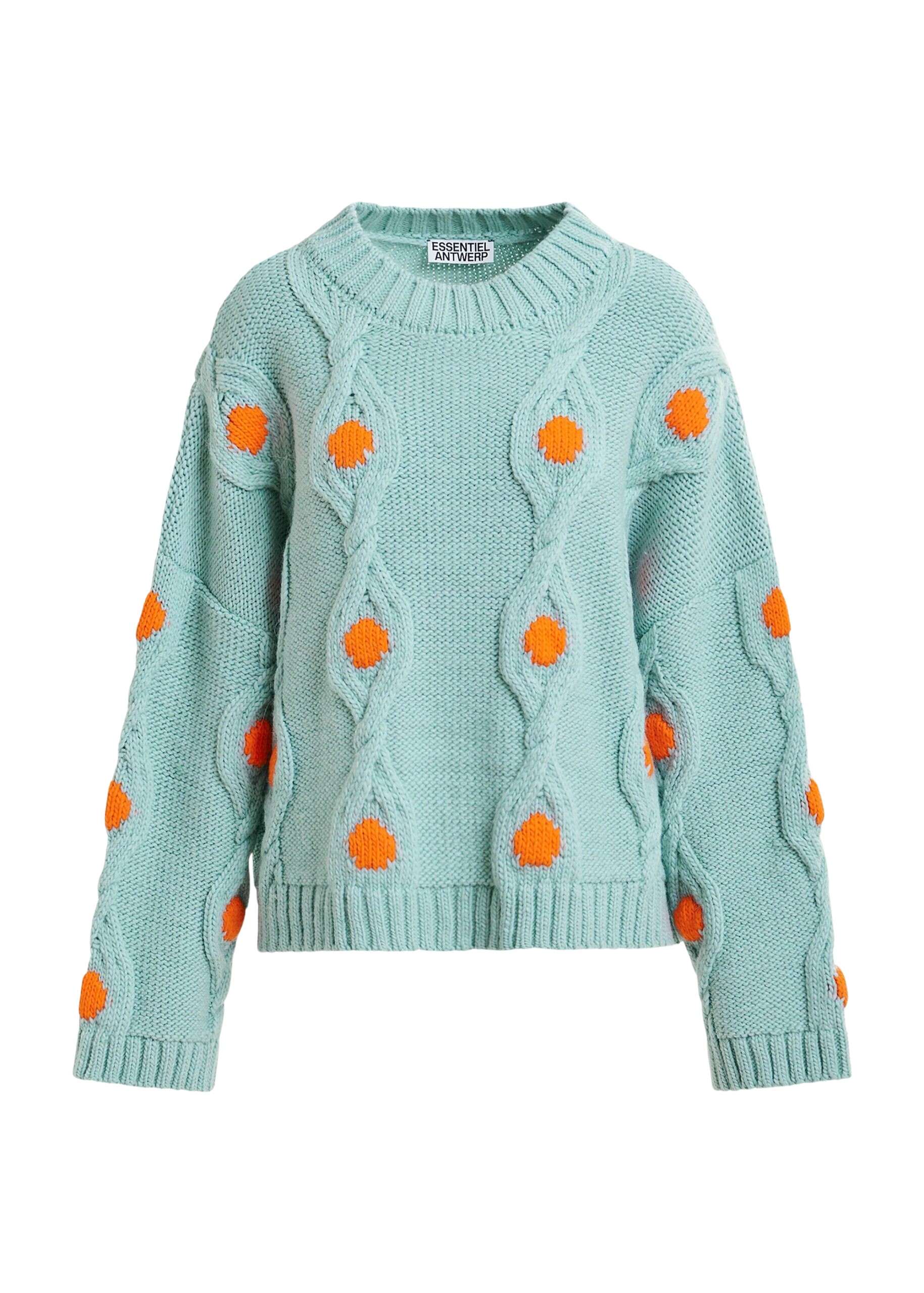Essentiel Antwerp Light blue and orange polka-dot cable-knit sweater