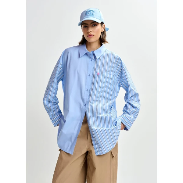 dark blue and white striped panel detail cotton shirt - Essentiel Antwerp Shirts - Colorful Belgian Design - Shop at Luxury Shoes 