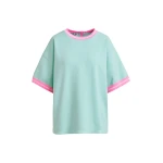 Essentiel Antwerp Light blue knit T-shirt with pink contrasting trim - Essentiel Antwerp Shirts - Colorful Belgian Design - Shop at Luxury Shoes 