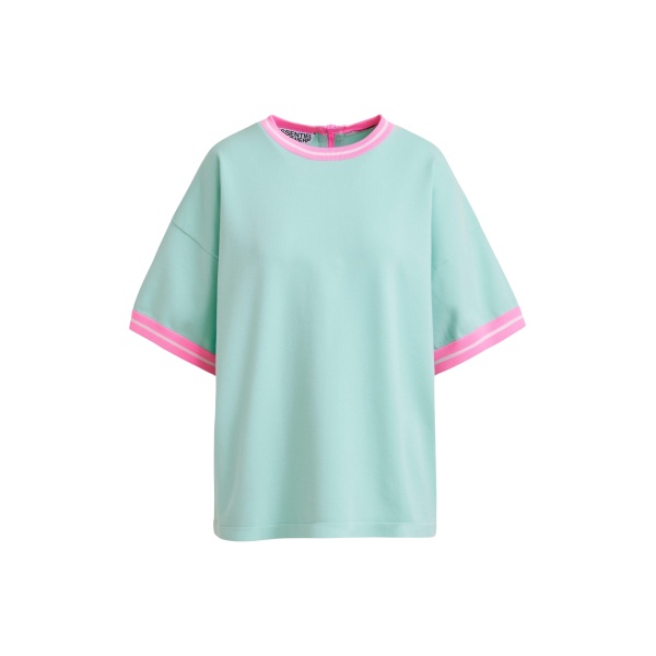 Essentiel Antwerp Light blue knit T-shirt with pink contrasting trim - Essentiel Antwerp Shirts - Colorful Belgian Design - Shop at Luxury Shoes 