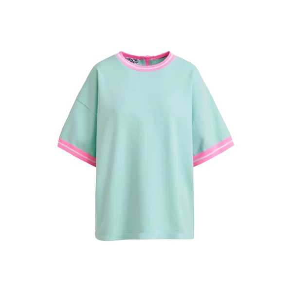 Essentiel Antwerp Light blue knit T-shirt with pink contrasting trim - Essentiel Antwerp Shirts - Colorful Belgian Design - Shop at Luxury Shoes 