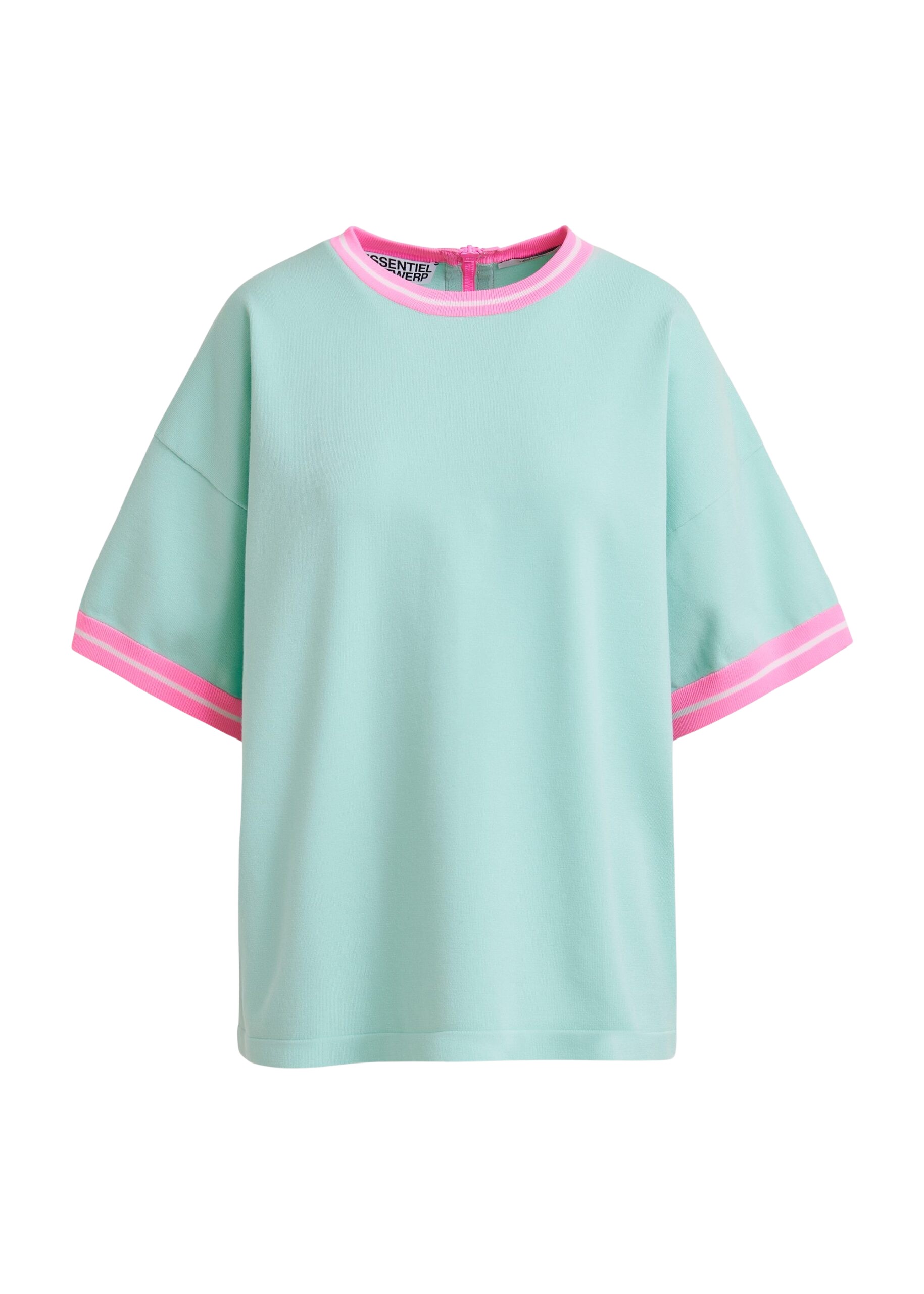 Essentiel Antwerp Light blue knit T-shirt with pink contrasting trim
