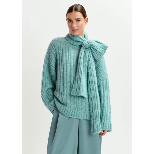 Essentiel Antwerp Light blue mohair-blend ribbed sweater with pussy-bow tie - Essentiel Antwerp Knitwear - Colorful Belgian Design - Shop at Luxury Shoes 