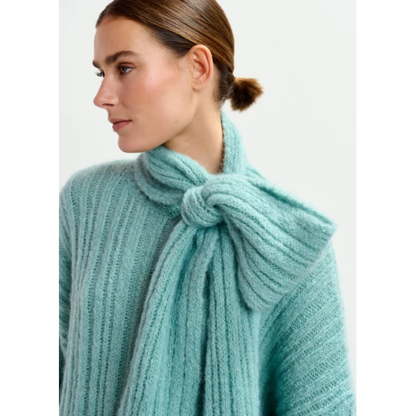 Essentiel Antwerp Light blue mohair-blend ribbed sweater with pussy-bow tie - Essentiel Antwerp Knitwear - Colorful Belgian Design - Shop at Luxury Shoes 