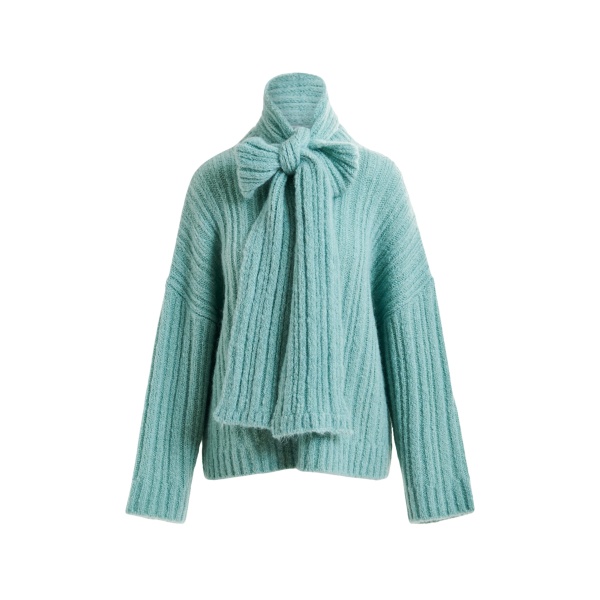 Essentiel Antwerp Light blue mohair-blend ribbed sweater with pussy-bow tie - Essentiel Antwerp Knitwear - Colorful Belgian Design - Shop at Luxury Shoes 