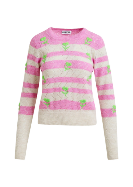 Essentiel Antwerp Light pink and pink striped intarsia-knitted sweater with green flower embroidery - Essentiel Antwerp Knitwear - Colorful Belgian Design - Shop at Luxury Shoes 