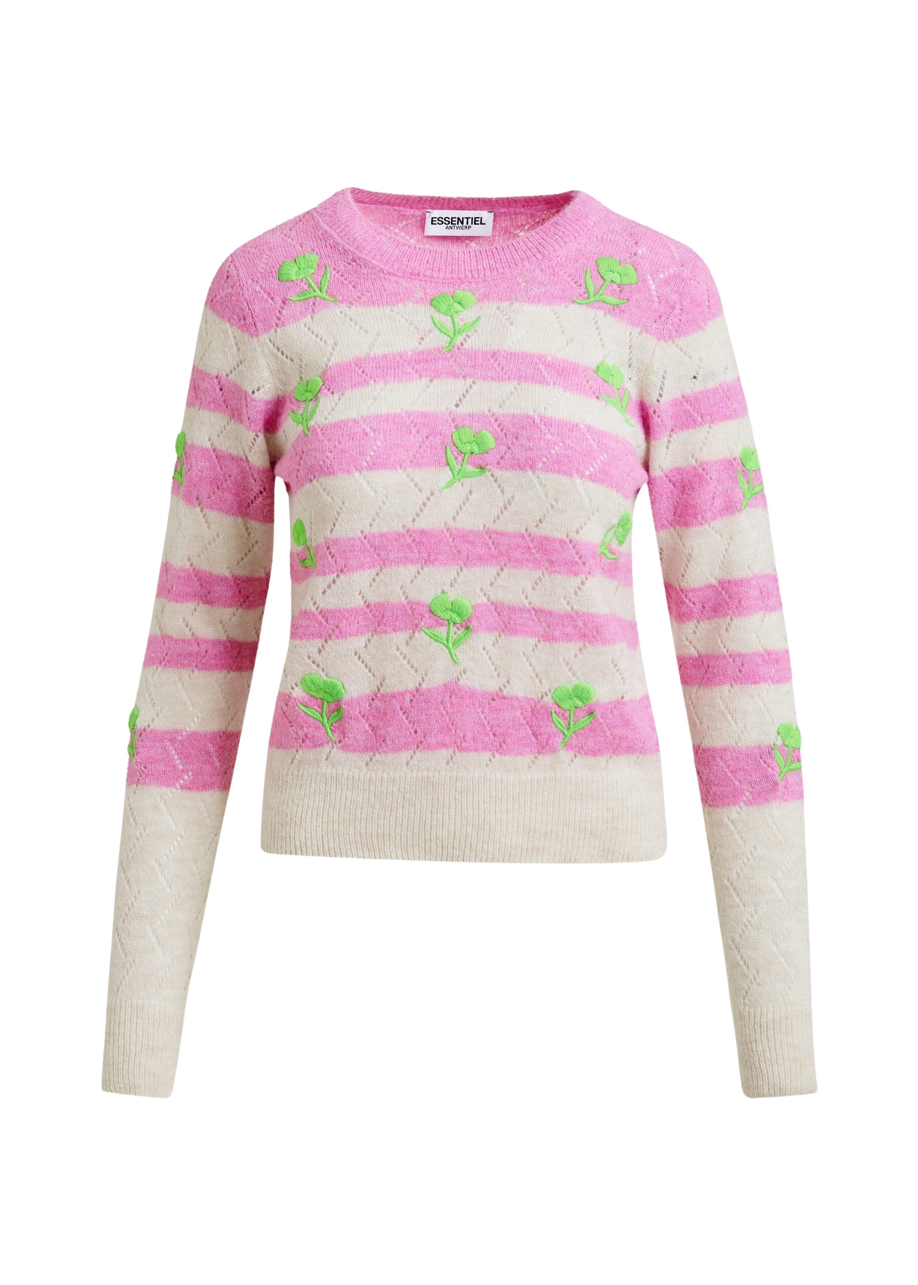 Essentiel Antwerp Light pink and pink striped intarsia-knitted sweater with green flower embroidery