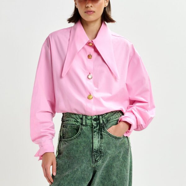 Essentiel Antwerp Light pink cotton shirt with elongated collar and mismatched buttons, view 2
