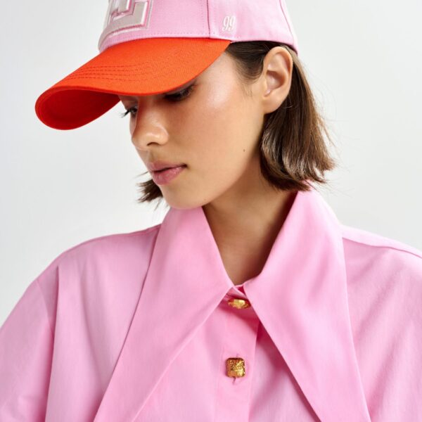 Essentiel Antwerp Light pink cotton shirt with elongated collar and mismatched buttons, view 4