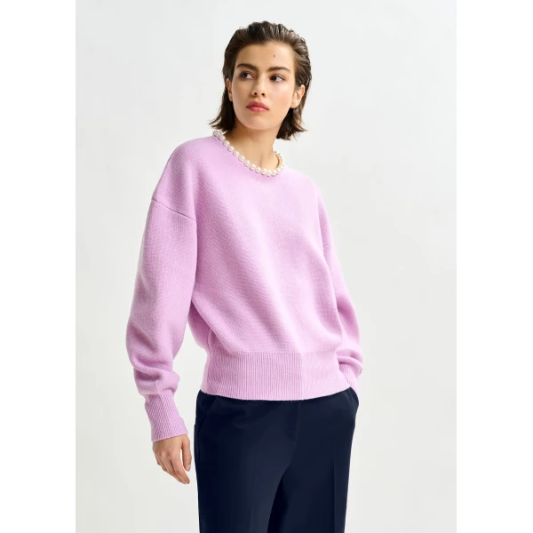 Essentiel Antwerp Light pink pearl-embellished knit sweater - Essentiel Antwerp Knitwear - Colorful Belgian Design - Shop at Luxury Shoes 